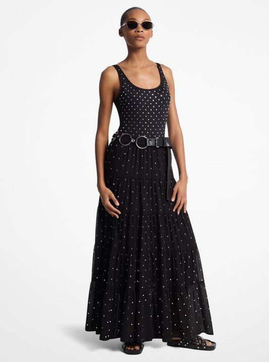 Studded Georgette Tiered Maxi Skirt