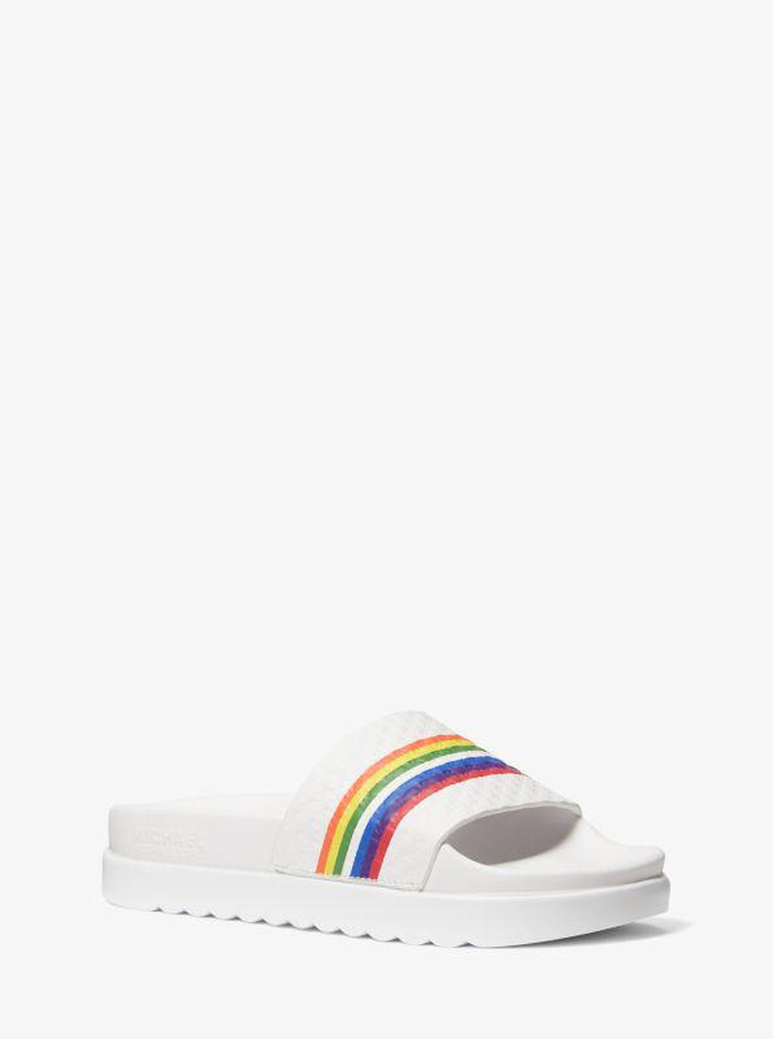 Tyra Rainbow Stripe Embossed Leather Slide Sandal