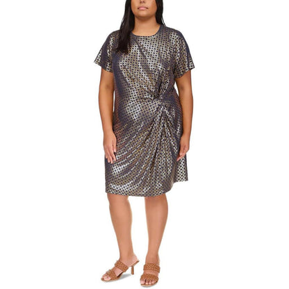 Plus Womens Metallic Foil Print Sheath Dress