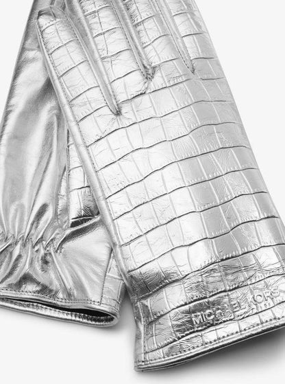 Metallic Crocodile Embossed Leather Gloves