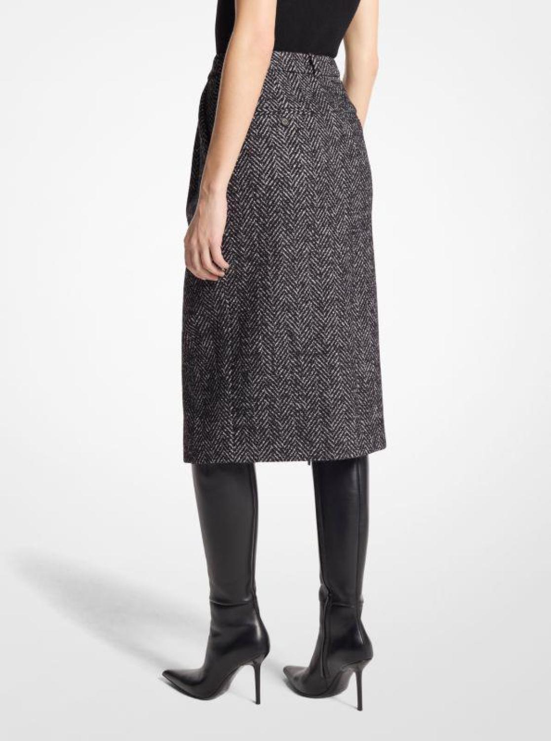 Herringbone Wool Blend Tweed Skirt