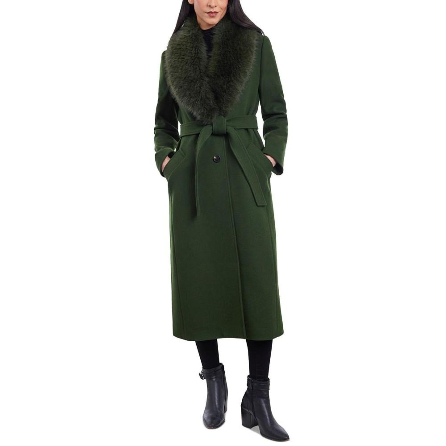 Women's Faux-Fur-Collar Belted Coat