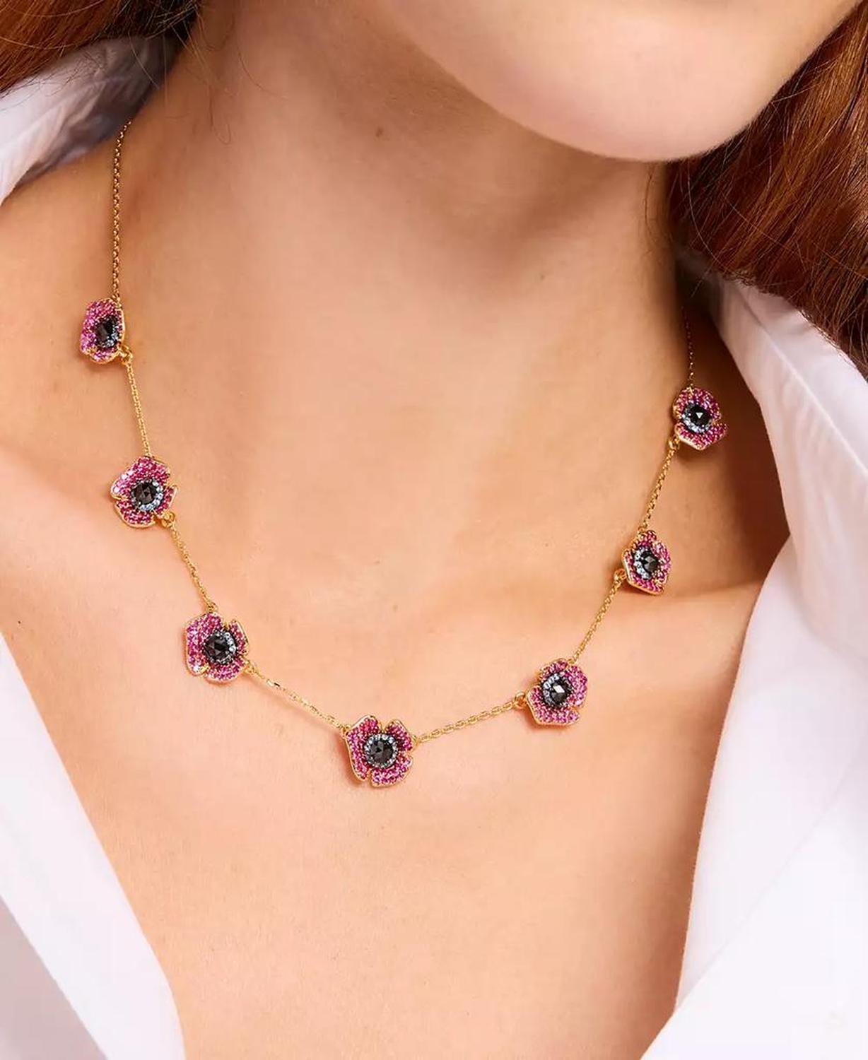 Gold-Tone Color Cubic Zirconia Poppy Station Necklace, 16" + 3" extender