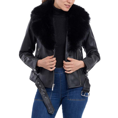 Petite Faux-Fur-Collar Leather Moto Coat