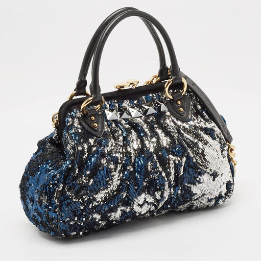 Black/blue Sequin Suede And Leather New York Rocker Stam Satchel