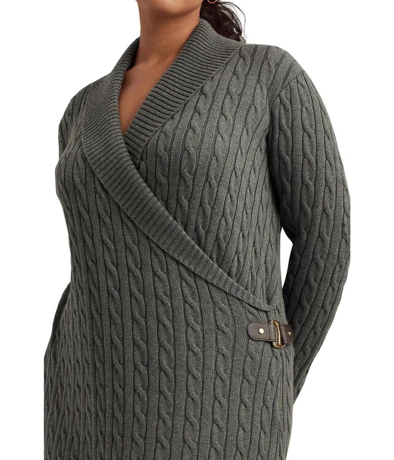 Plus Size Cable-Knit Buckle Trim Sweaterdress