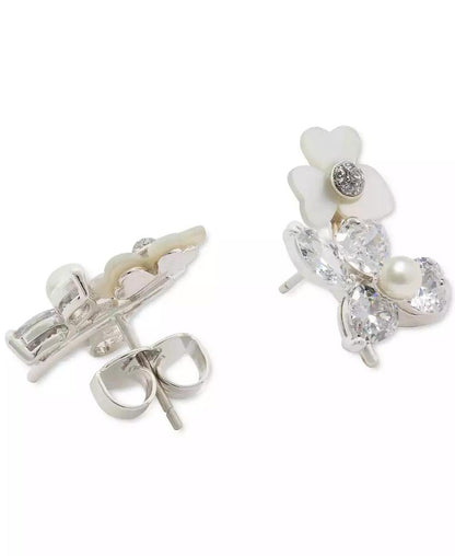 Silver-Tone Cubic Zirconia, Imitation Pearl & Mother-of-Pearl Flower Stud Earrings