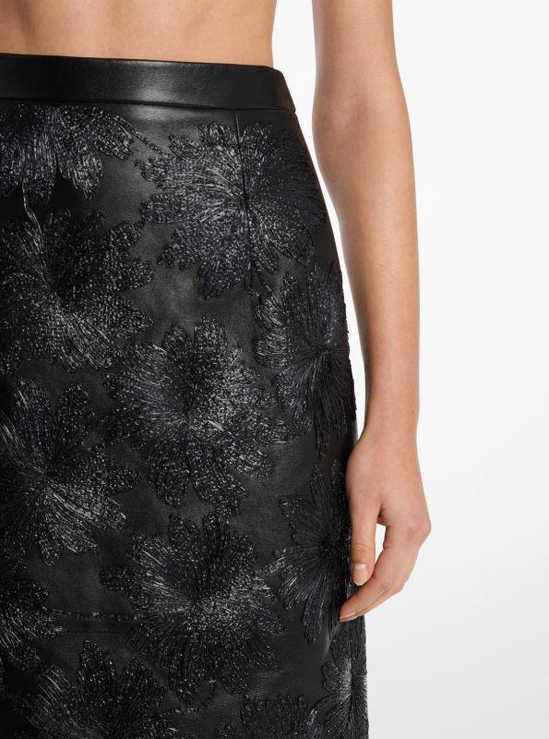 Hand-Embroidered Floral Plongé Leather Skirt