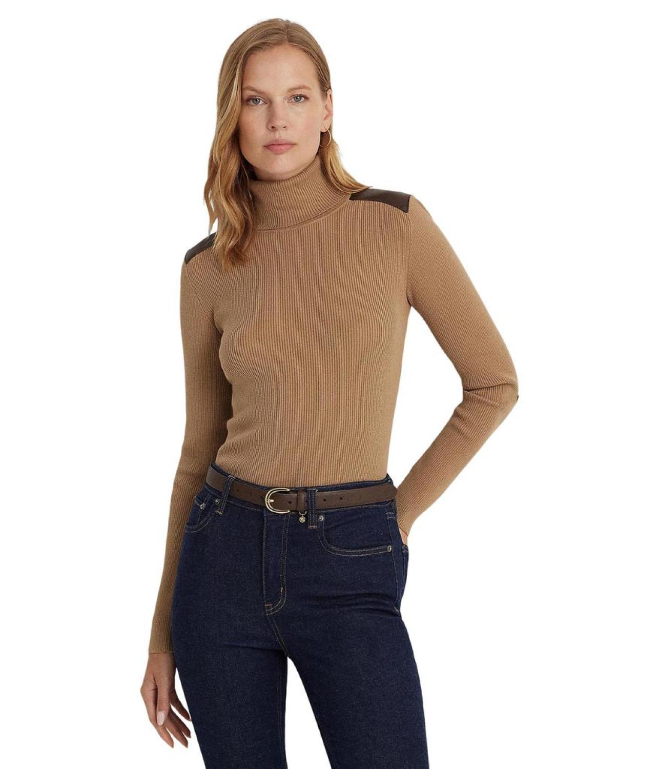 Petite Faux Leather Trim Ribbed Turtleneck