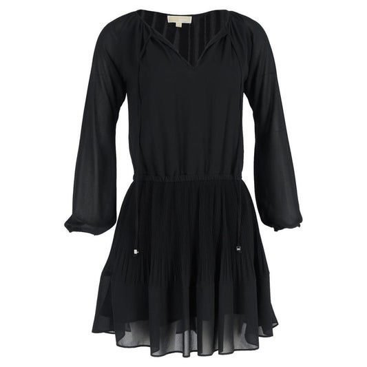 Pleated Mini Long Sleeve Dress in Black Polyester