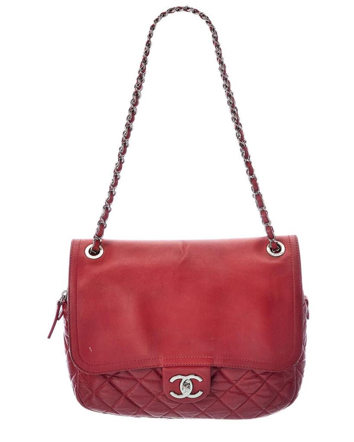 Chanel Red Calfskin Leather Flap Messenger Bag (Authentic Pre-Owned)