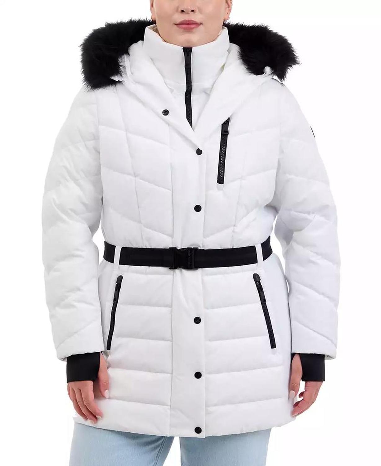 Plus Size Belted Faux-Fur-Trim Hooded Puffer Coat