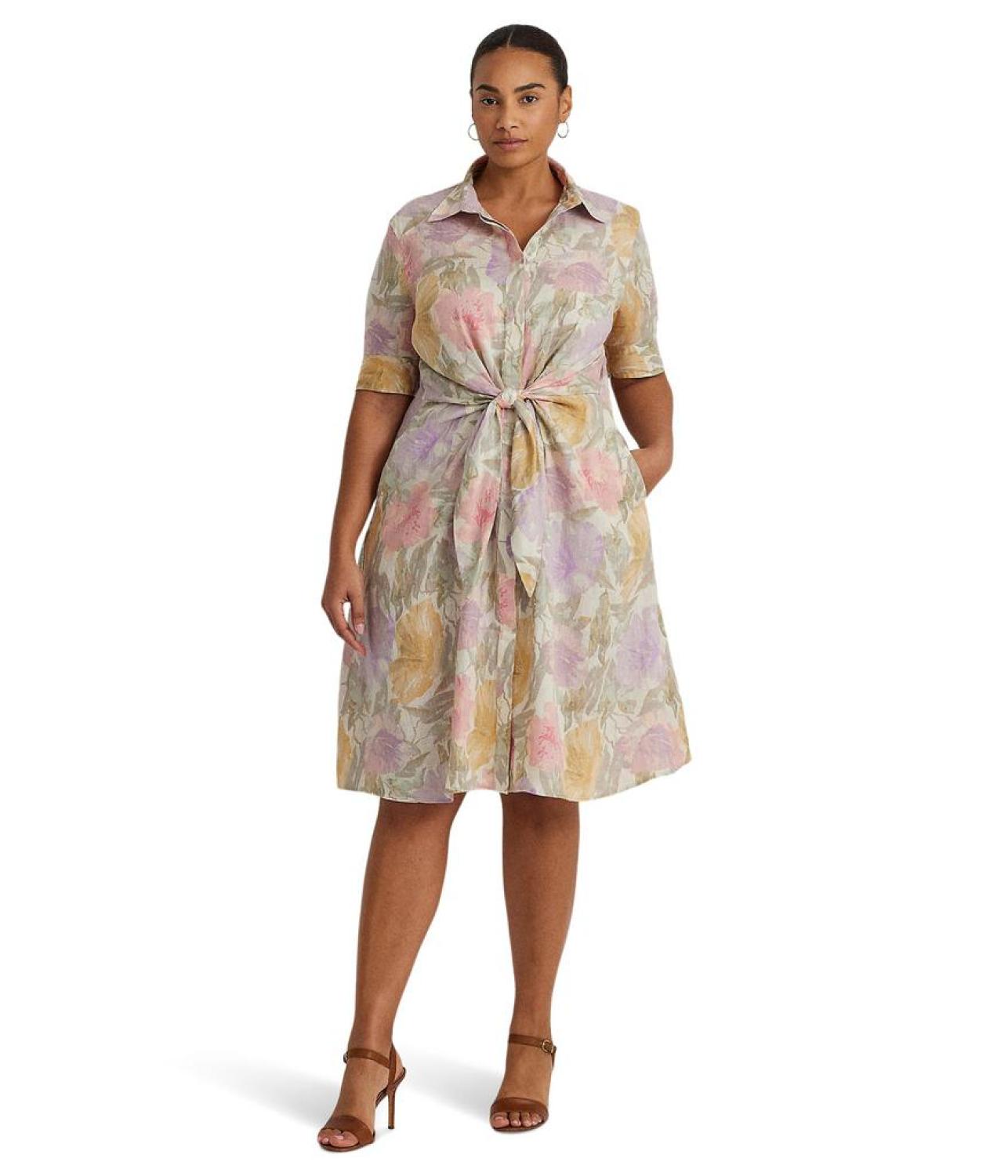 Plus-Size Floral Tie-Front Linen Shirtdress