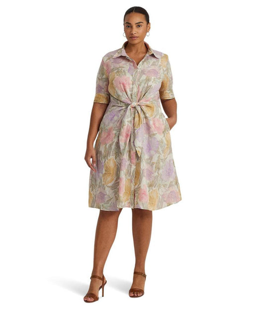 Plus-Size Floral Tie-Front Linen Shirtdress