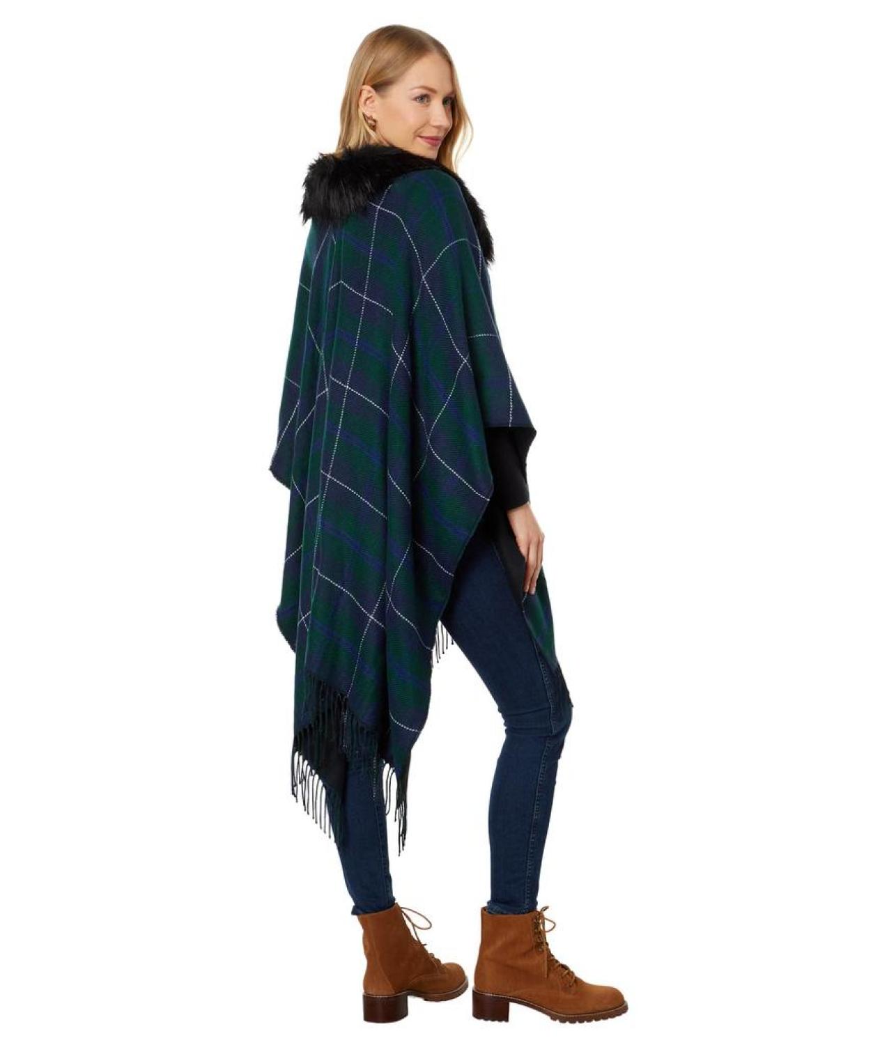 Reversible Plaid Ruana with Faux Fur Collar