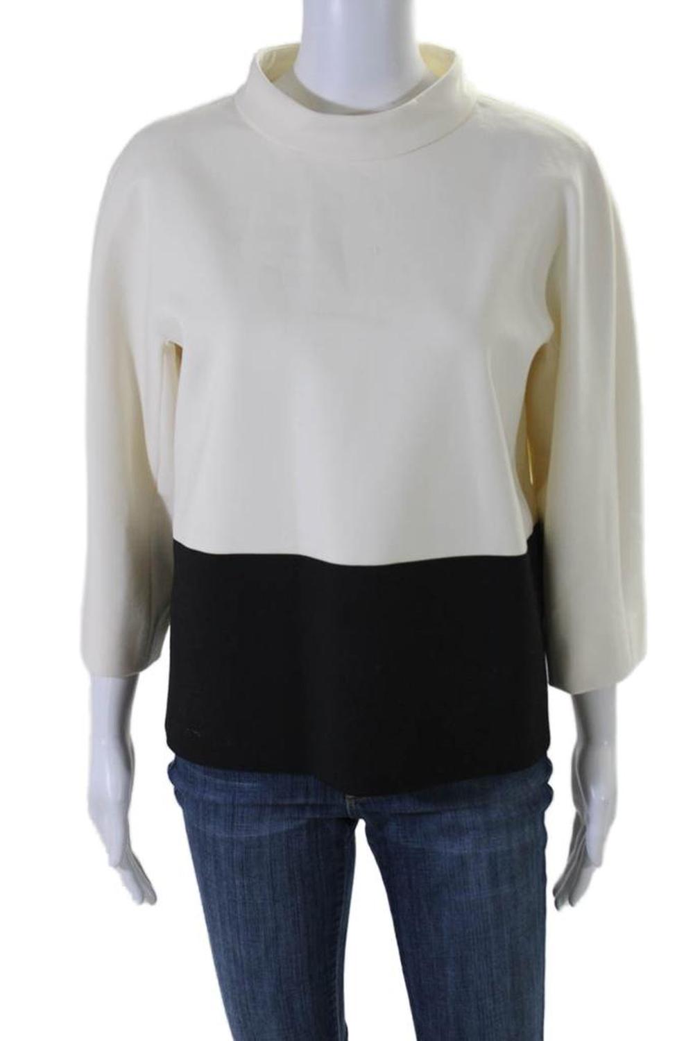 Max Mara Womens Wool Crepe Colorblock Print Mock Neck Top White Black