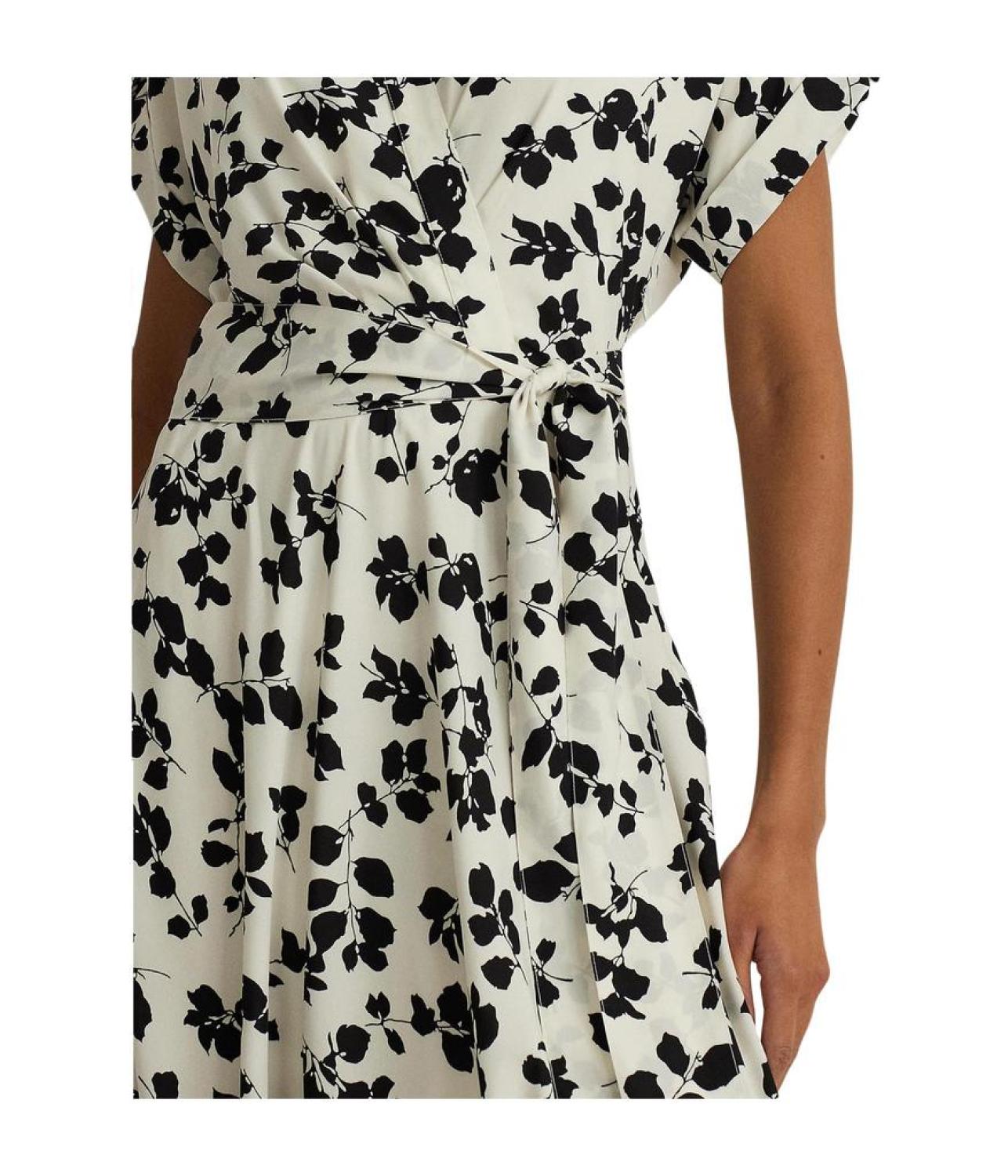 Leaf-Print Belted Crepe Dress