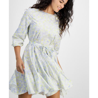 Women's Floral-Print Belted 3/4-Sleeve Dress