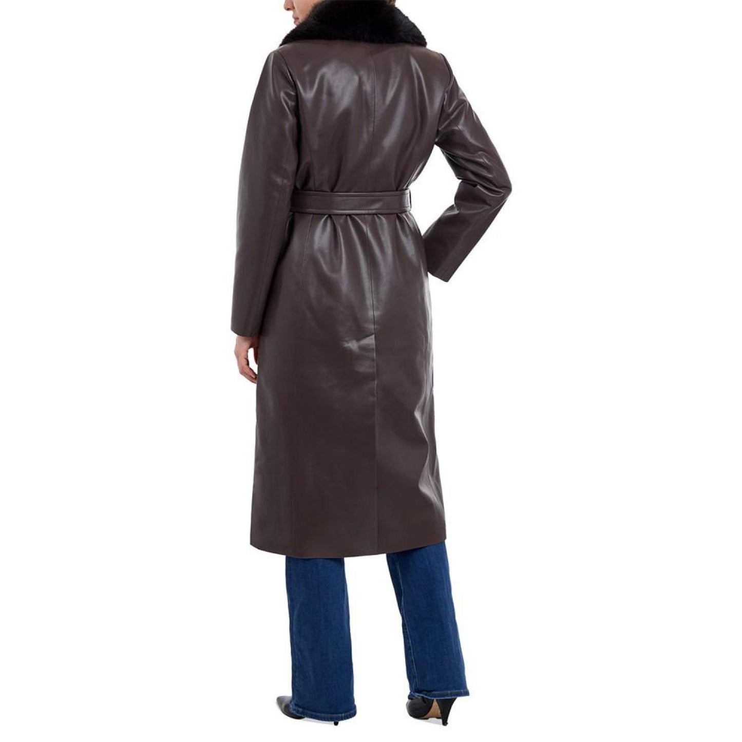 Women's Faux-Fur-Trim Faux-Leather Trench Coat