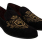 Dolce & Gabbana Elegant Black Loafers with Gold Crown Embroidery