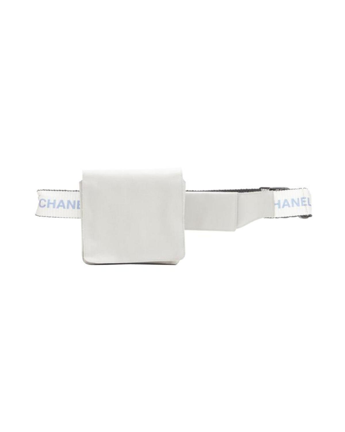 CHANEL 1990's Vintage silver nylon logo strap CC buckle square flap waist bag