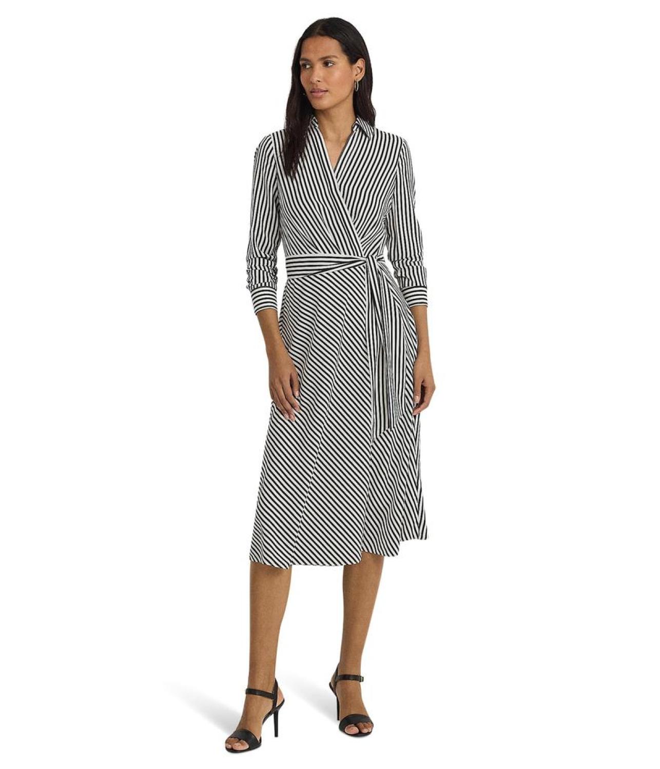 Striped Surplice Crepe Midi Dress