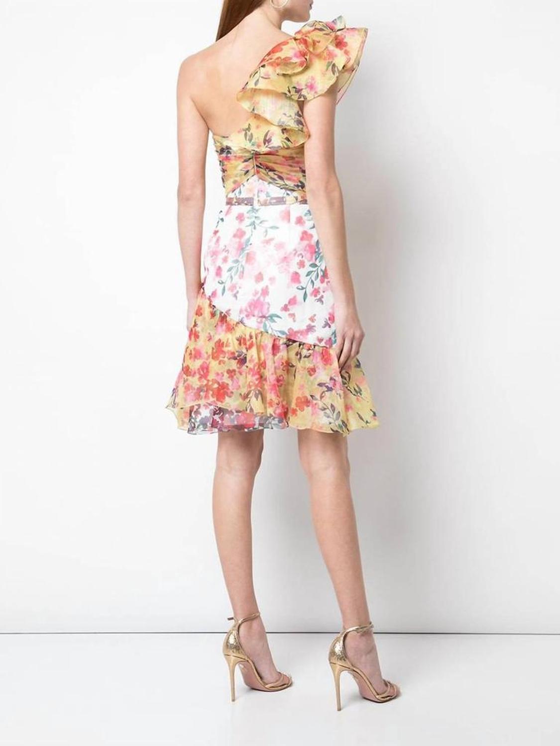 Floral Organza One Shoulder Mini Dress In Multicolor