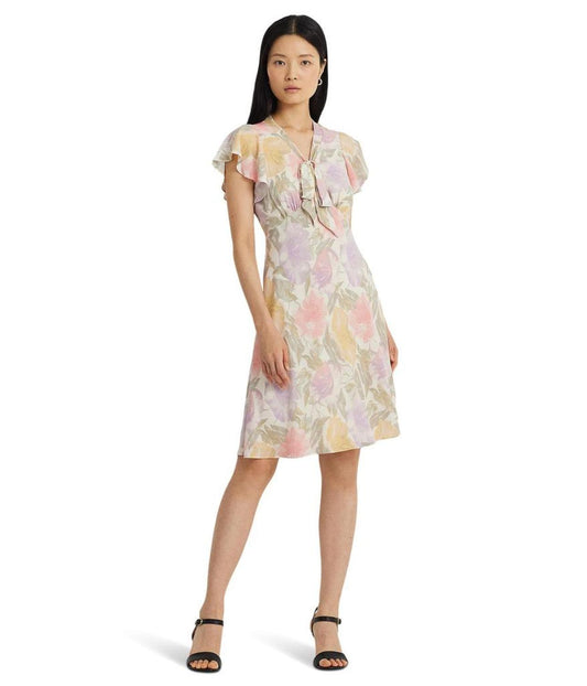 Floral Bubble Crepe Tie-Neck Dress