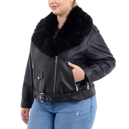 Plus Size Faux-Fur-Collar Leather Moto Coat