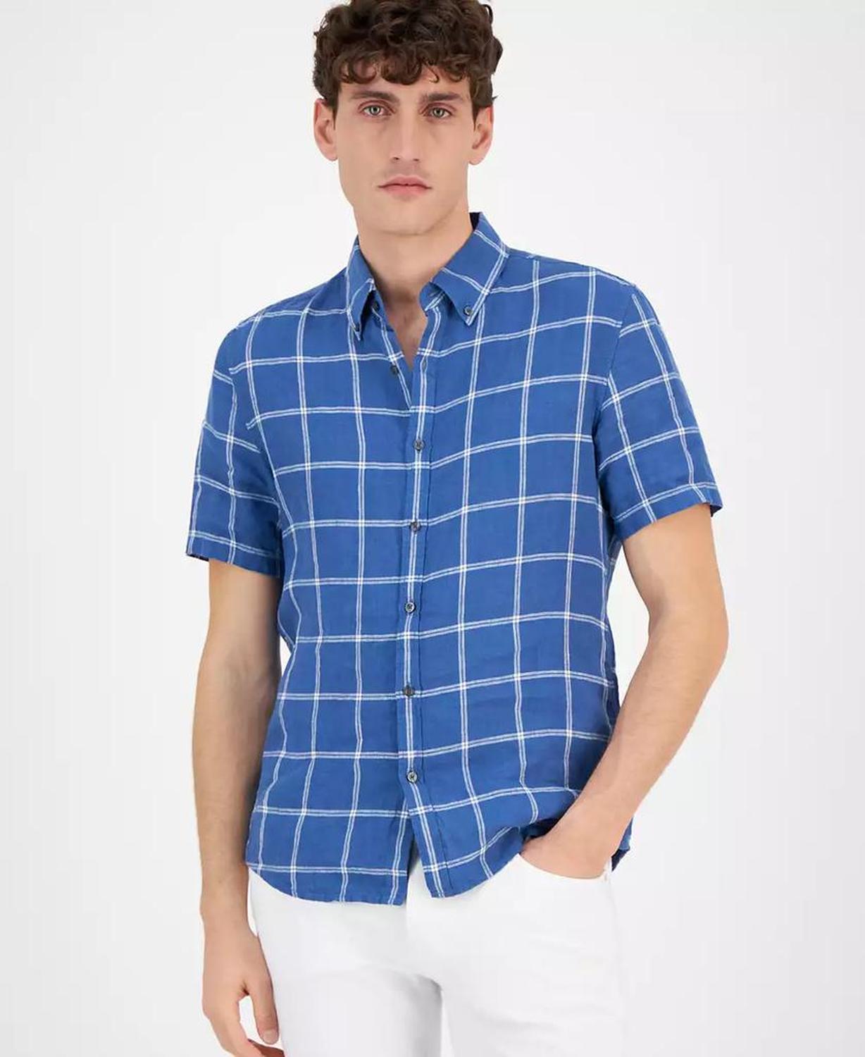 Men's Short-Sleeve Plaid Linen Button-Down Shirt