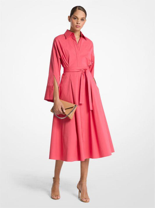 Kimono Sleeve Stretch Cotton Poplin Shirtdress