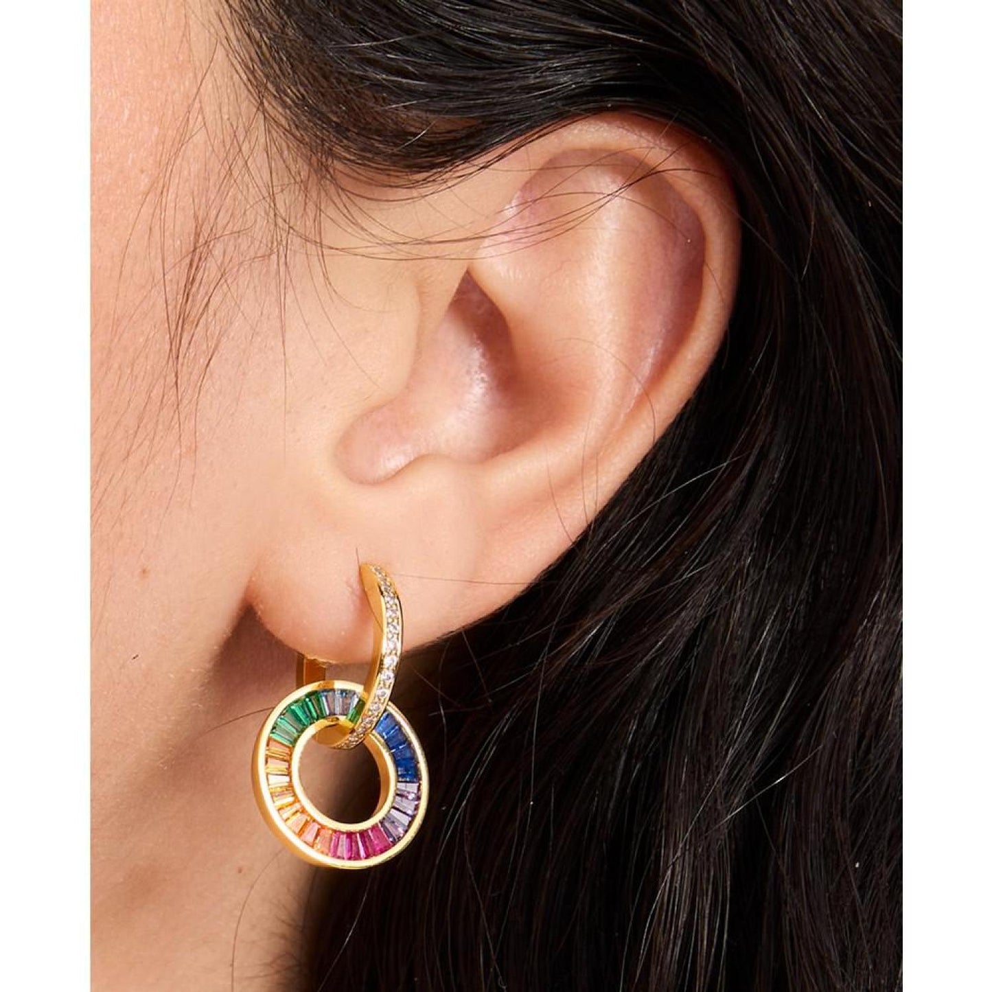 Gold-Tone Pavé & Multicolor Mixed Stone Circle Charm Hoop Earrings