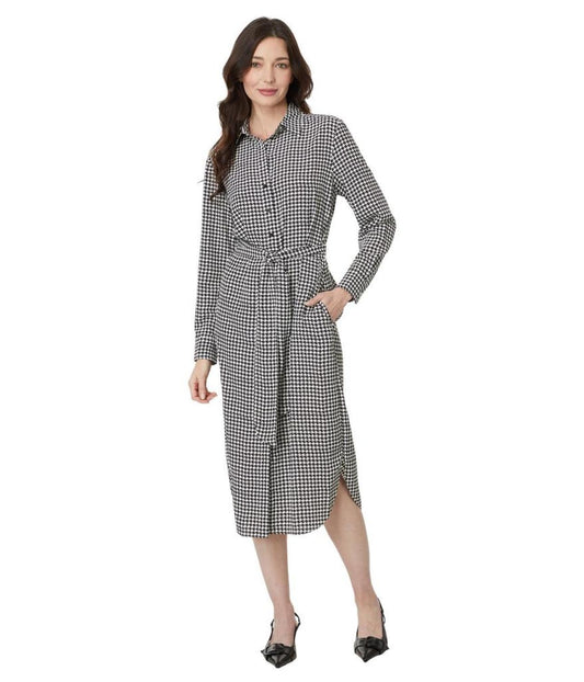 Petite Houndstooth Belted Crepe Shirtdress