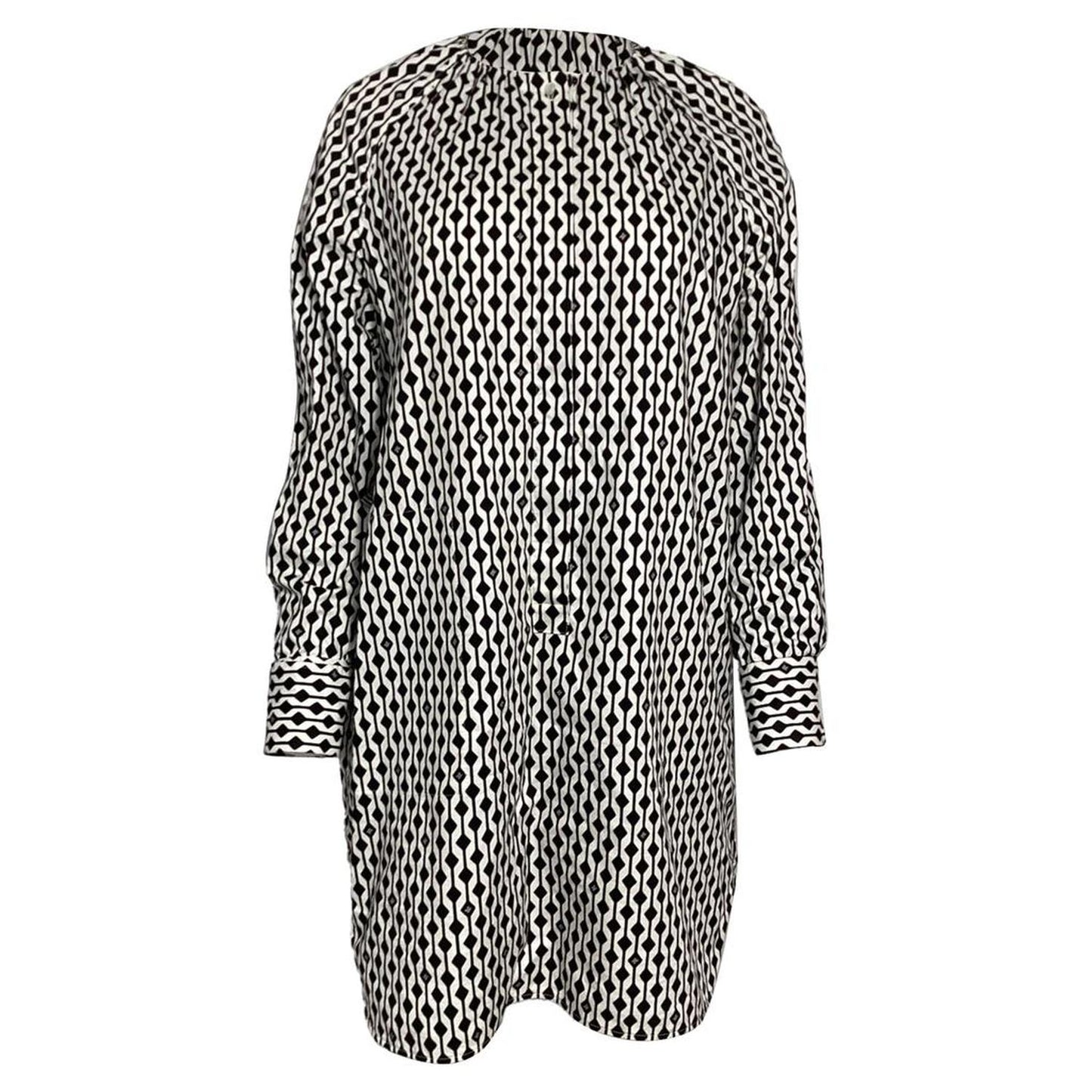 Nievo Geometric Print Long Sleeve Tunic Dress in Black and White Cotton