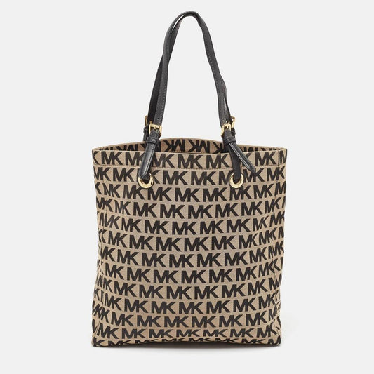 Michael Kors Black/beige Signature Canvas And Leather Jet Set Tote