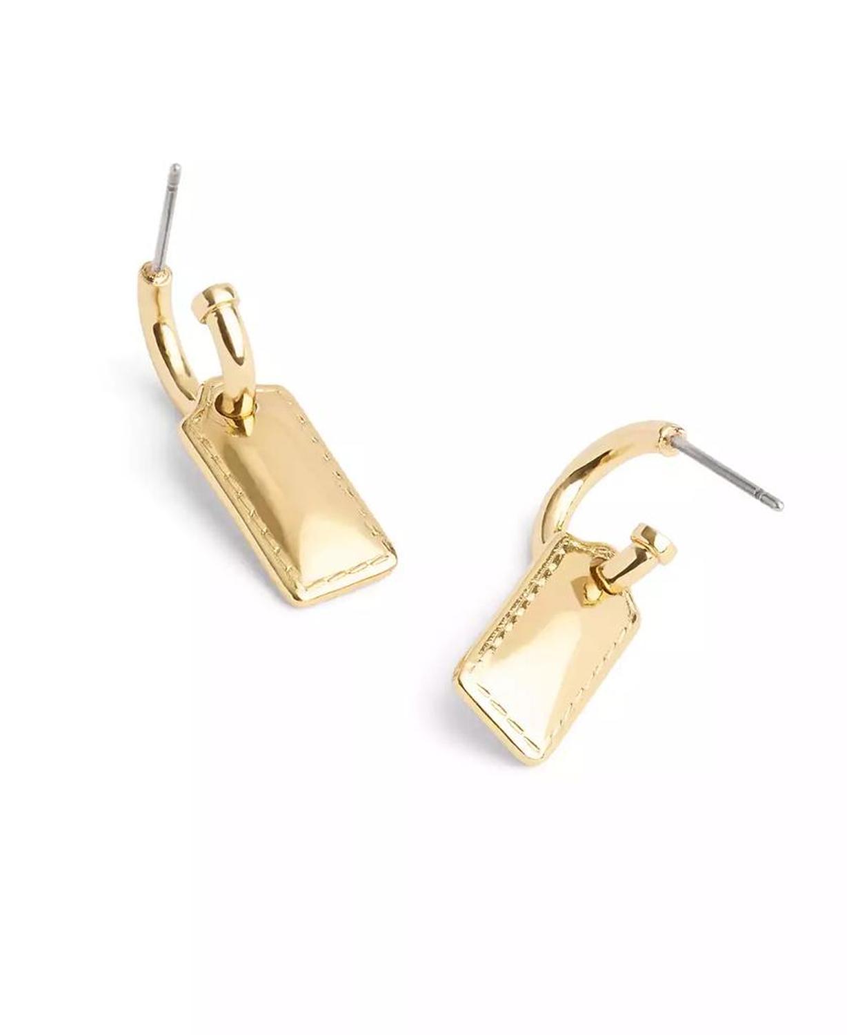 Gold-Tone Signature Stitched Hangtag Charm Huggies Earrings