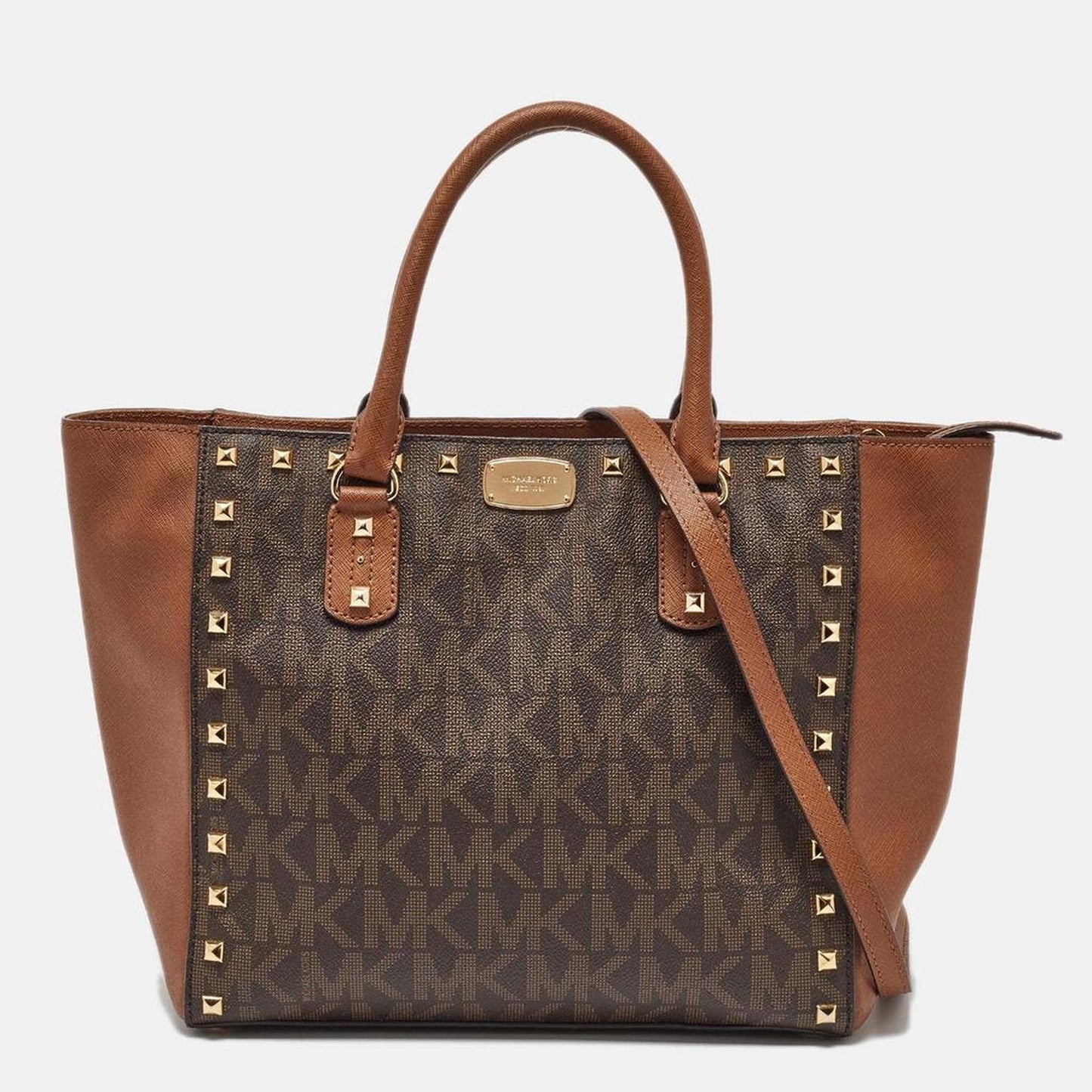 Michael Kors Brown Signature Coated Canvas And Leather Studded Sandrine Tote