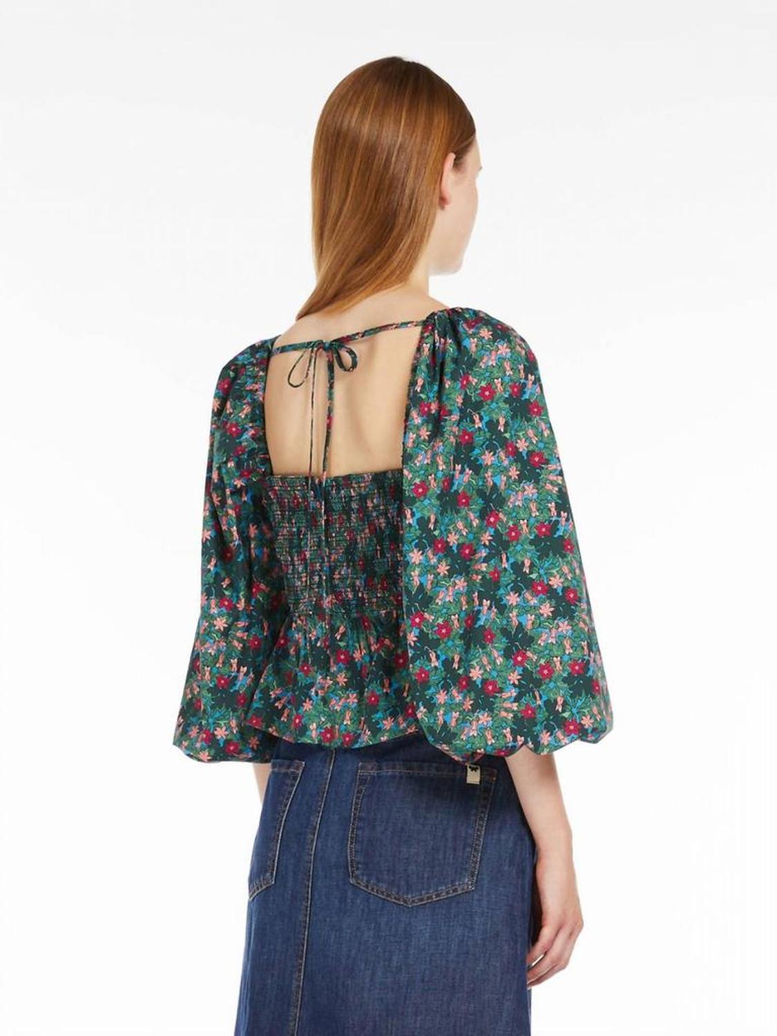 Weekend Palpiti Poplin Floral Smocked Top In Green Bluebell