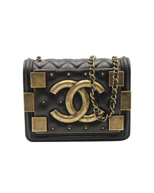 Chanel Classic Studded Boy Brick Flap Bag in Black Lambskin Leather