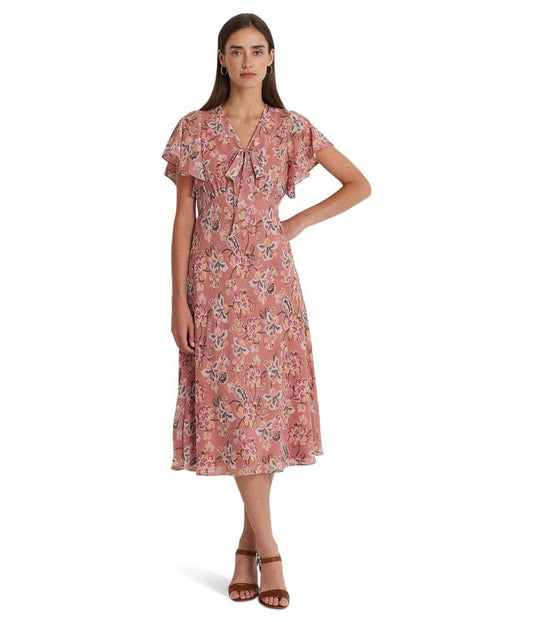 Floral Crinkle Georgette Tie-Neck Dress