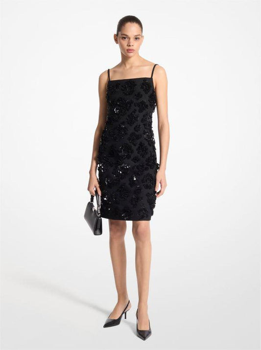 Hand-Embroidered Floral Sequin Wool Gabardine Dress