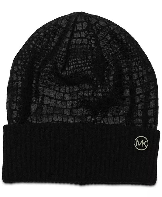 MICHAEL Logo Charm Ribbed Trim Croc-Embossed Beanie