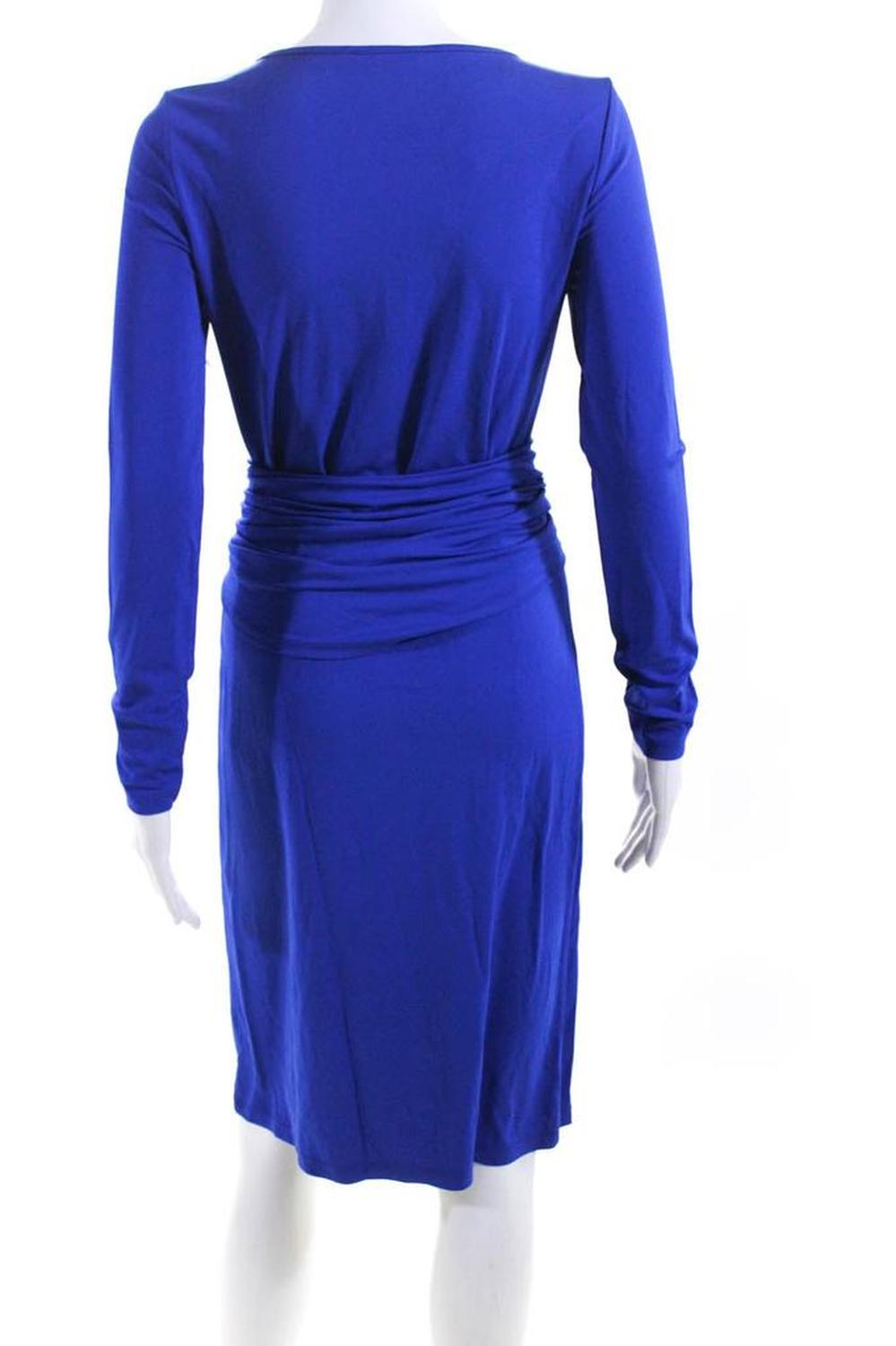 Michael Kors Collection Womens Long Sleeve Ruched Belt Sheath Dress Blue