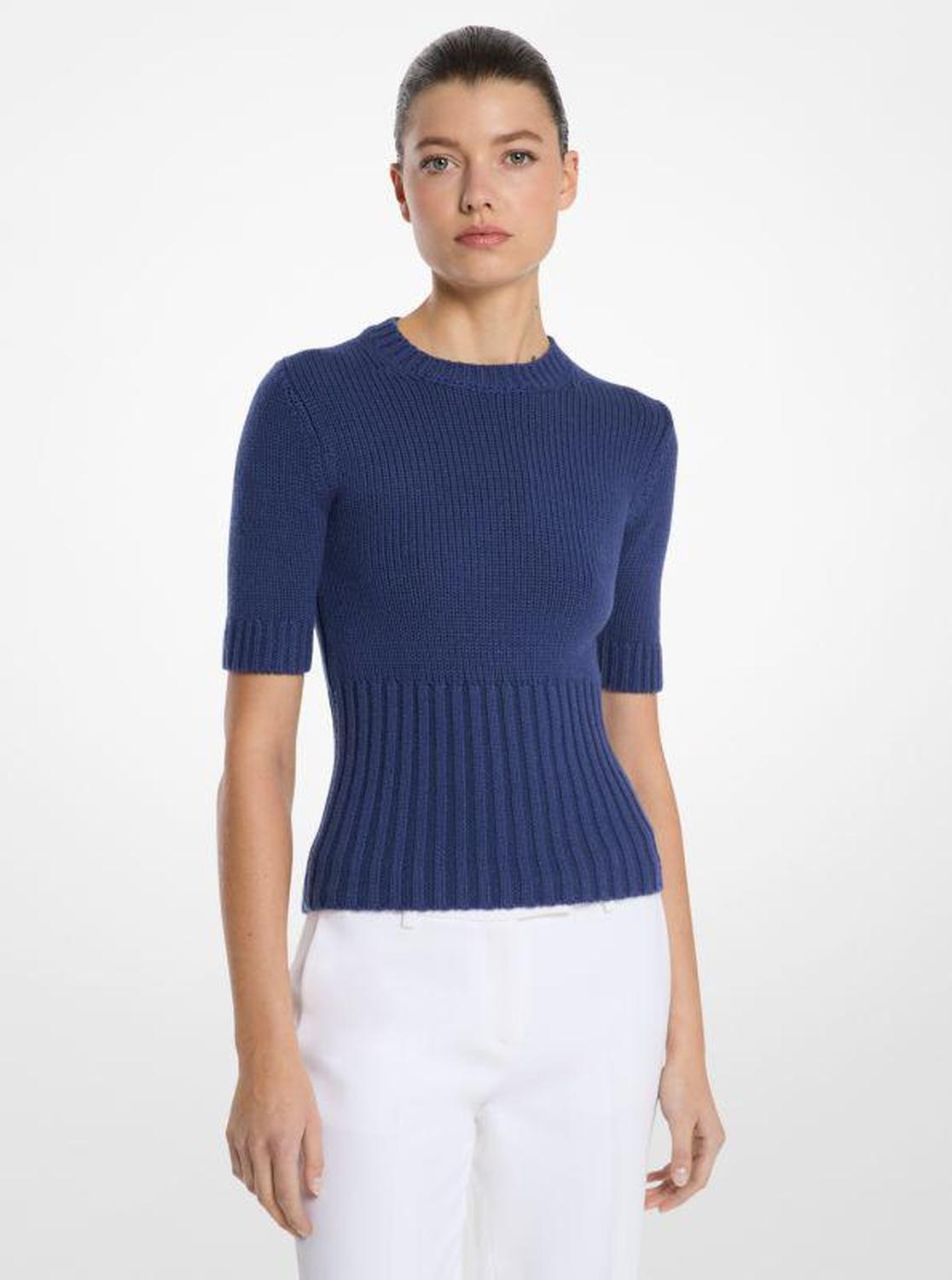 Ribbed Stretch Cashmere Short-Sleeve Sweater