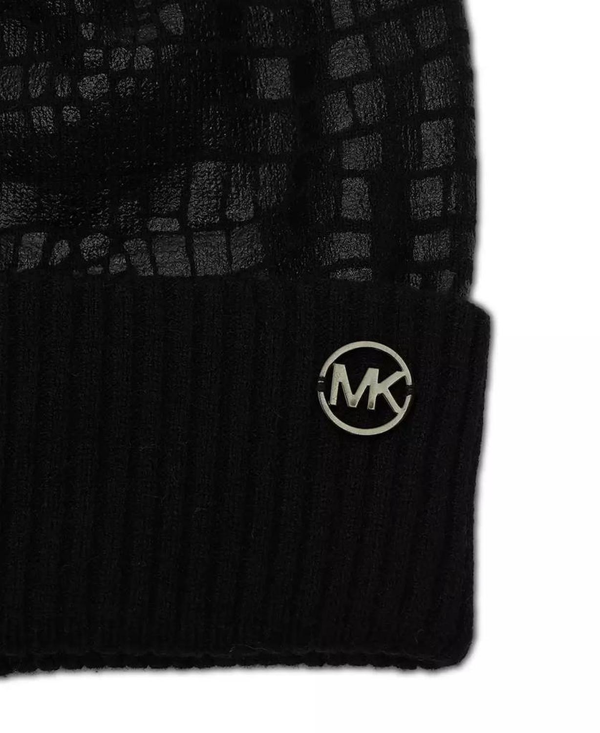 MICHAEL Logo Charm Ribbed Trim Croc-Embossed Beanie