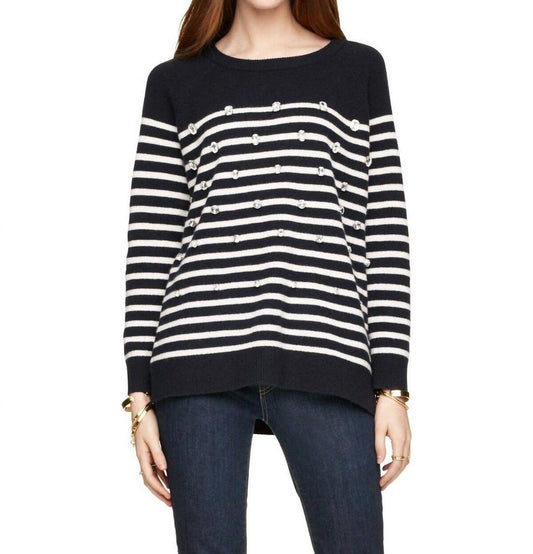 Crystal Embellished Stripe Merino Wool Pullover Sweater In Blue