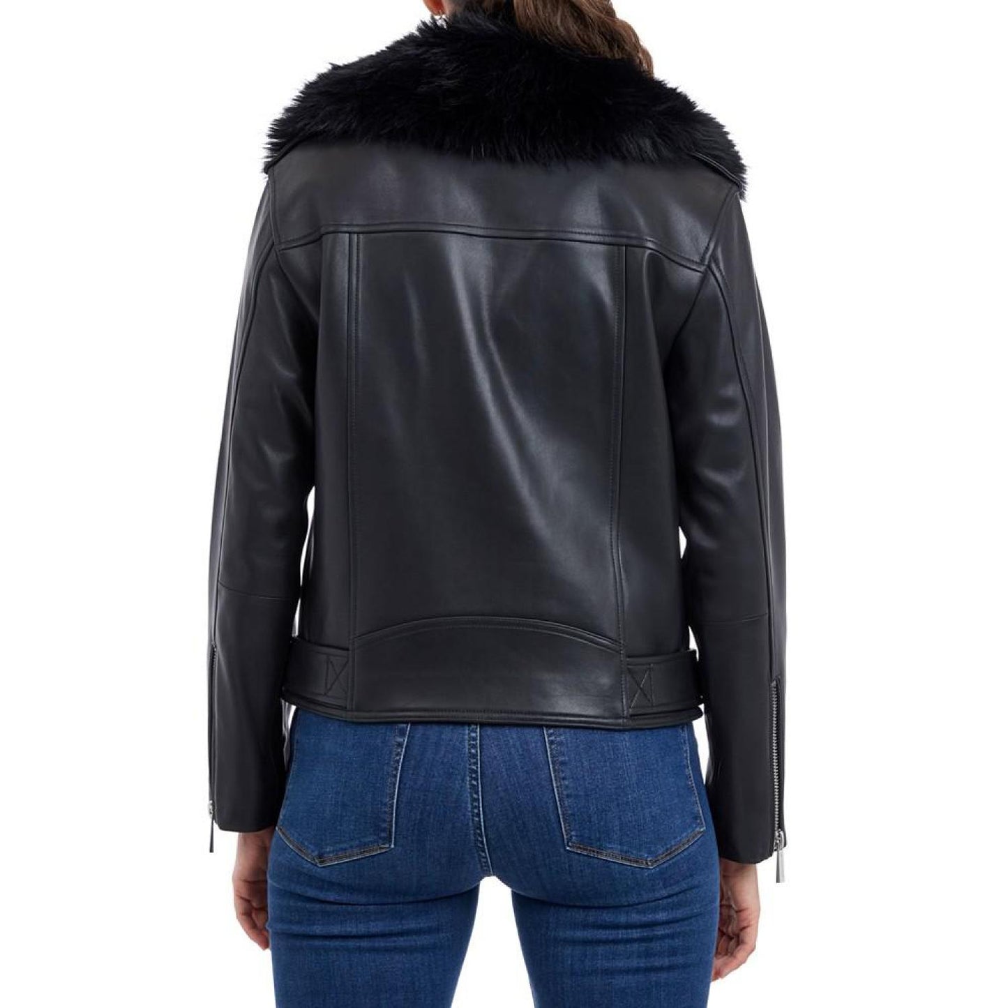 Women's Faux-Fur-Trim Leather Moto Coat