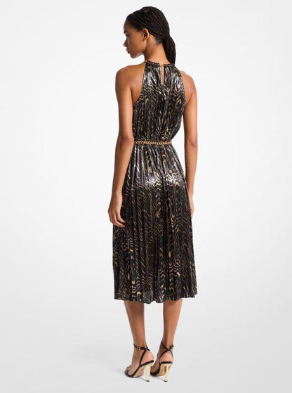 Pleated Metallic Halter Dress