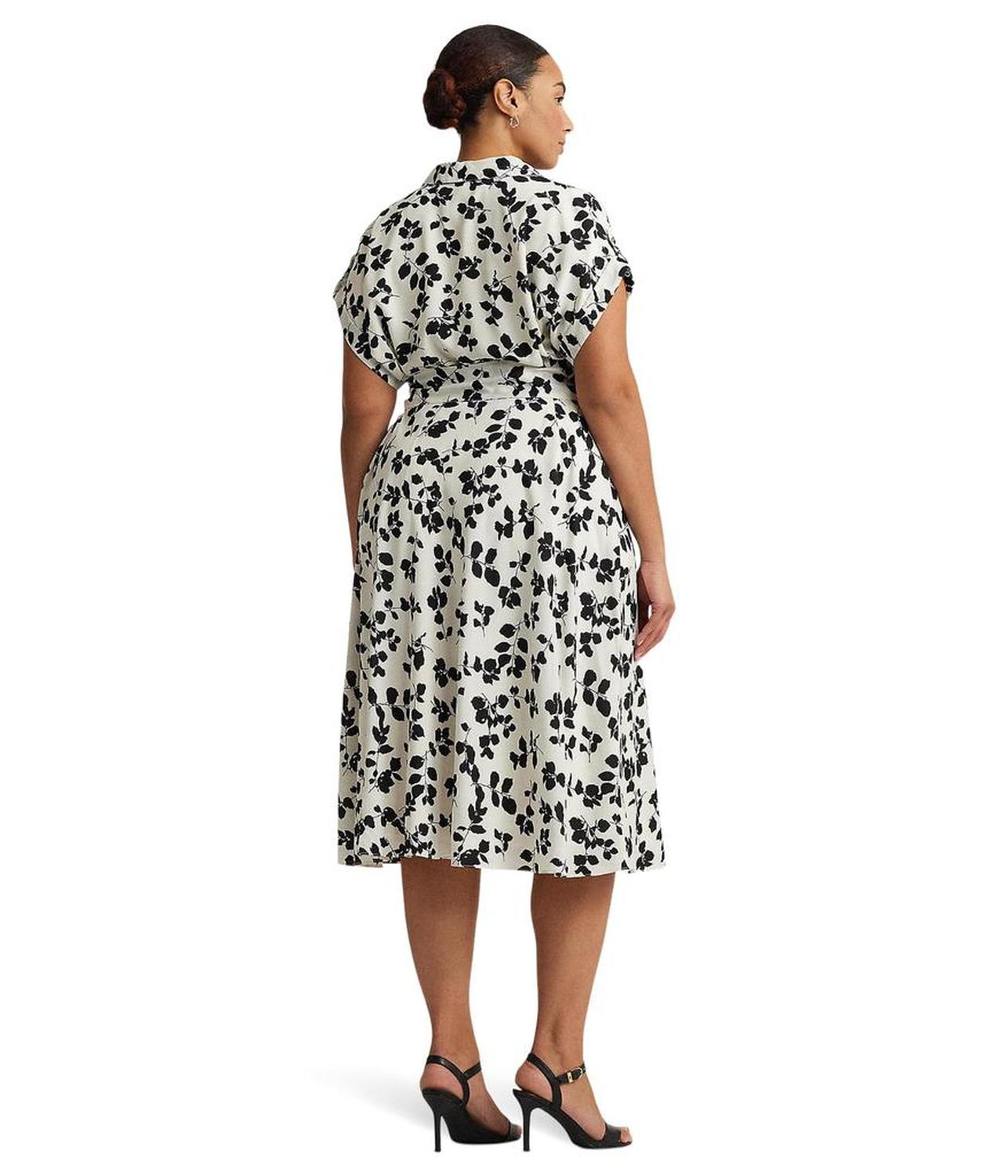 Plus-Size Leaf-Print Belted Crepe Dress