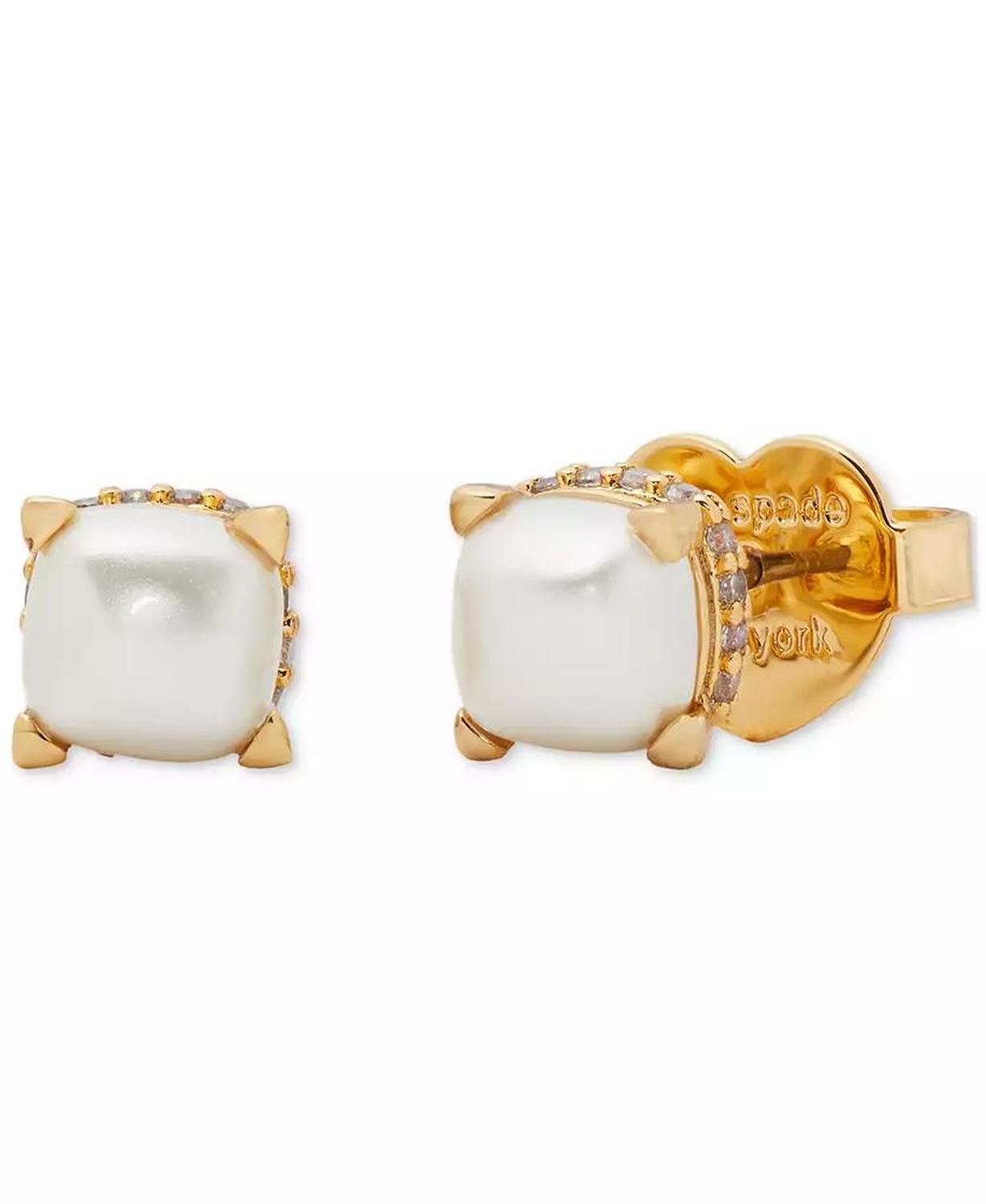 Gold-Tone Pavé & Imitation Pearl Square Stud Earrings